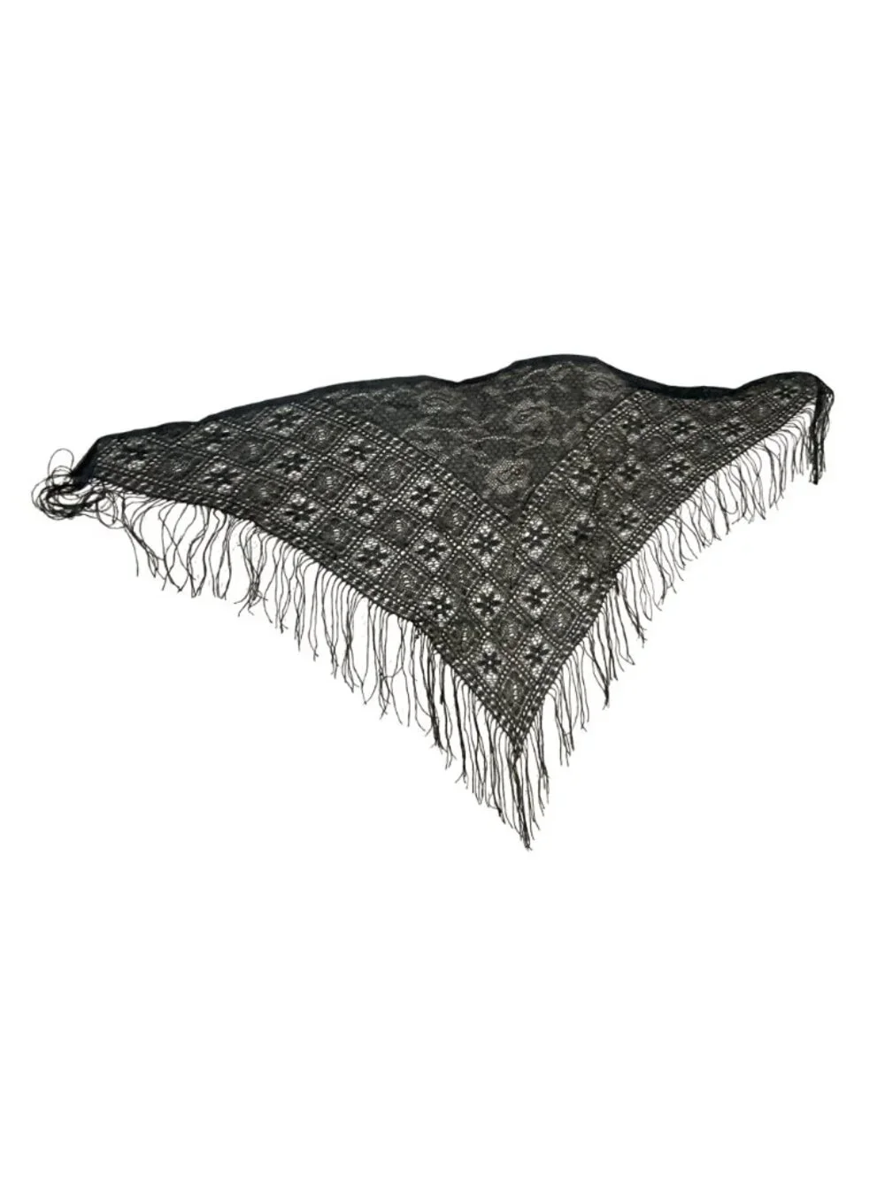 Vtg  Black Lace Triangle Shawl W/ Fringe Detailing Elegant Wrap For Evening Wear